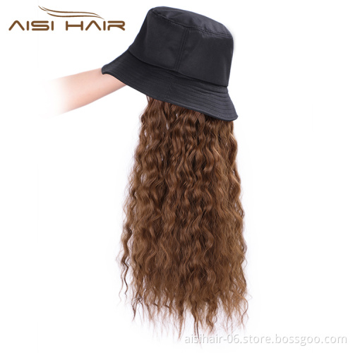 Aisi Hair Long Water Wave Outdoor Hat Knit Slouchy Party Hat Synthetic Light Brown Fiber Hair Extension With Black Cap For Women